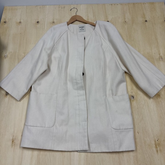 Old Navy Coat Womens XXL White Wool Blend Collarless 3/4 Sleeve Pea Overcoat - Picture 2 of 9